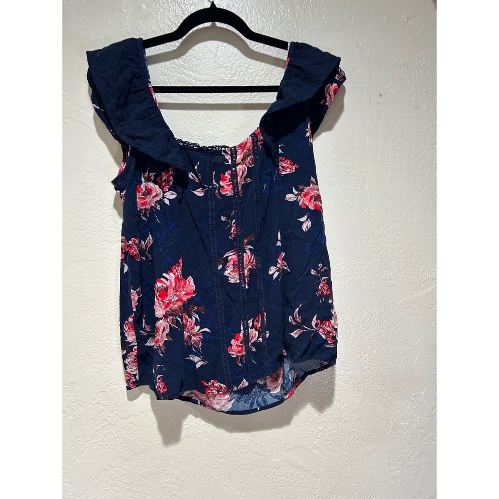 Maurices Womens XL Navy Blue Floral Flutter Sleeve Eyelet Lace‎ Boho Top XL